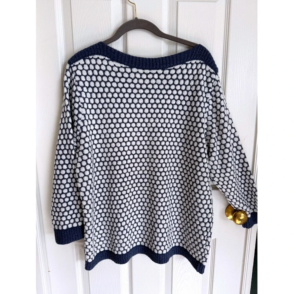 LOFT Blue White Honeycomb Textured Knit Boat Neck Sweater XL 3/4 Sleeve Like New